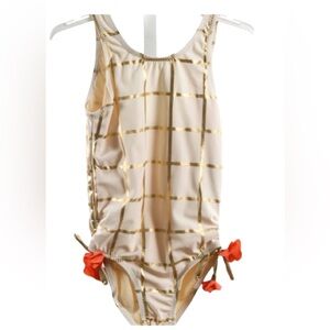 Pink Chicken Cream One-Piece Swimsuit with Gold Grid and Coral Ties NWT Size 3